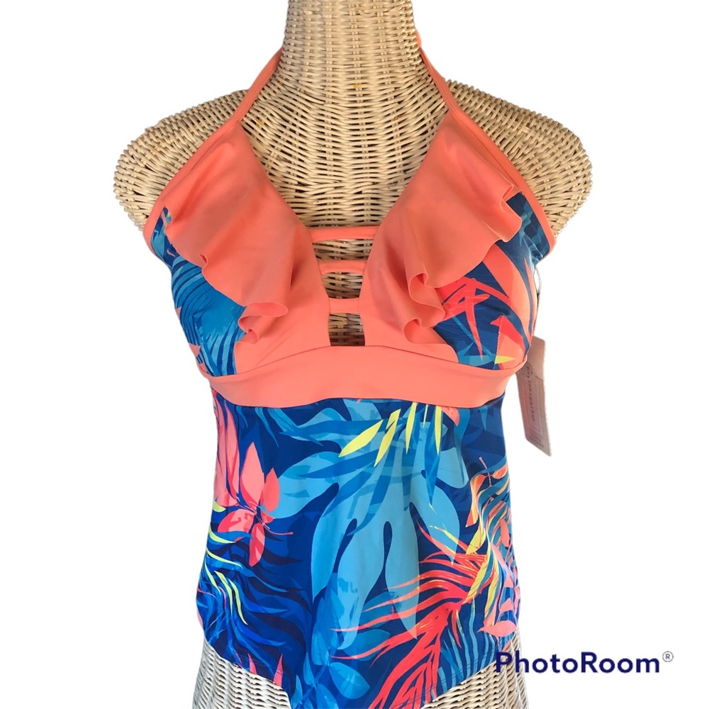 NWT Peyton & Parker Ruffled Tropical Tankini Top Under the Sea Coral Med…